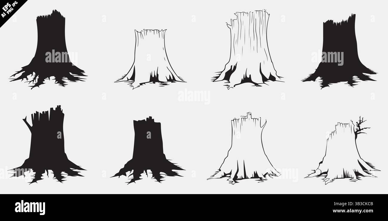 collezione vettoriale di silhouette con radici di ceppi d'albero in nero su sfondo bianco Illustrazione Vettoriale