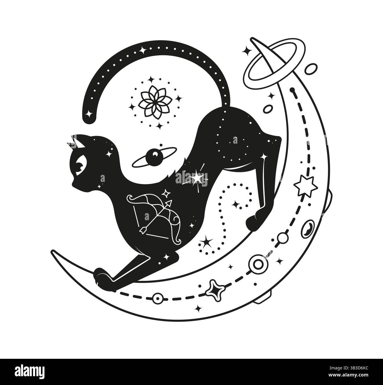 Gatto magico nero che si estende su una luna crescente, adornato da simboli cosmici e astrologici. Mistica vettoriale e occulta gatto nero felino repres Illustrazione Vettoriale