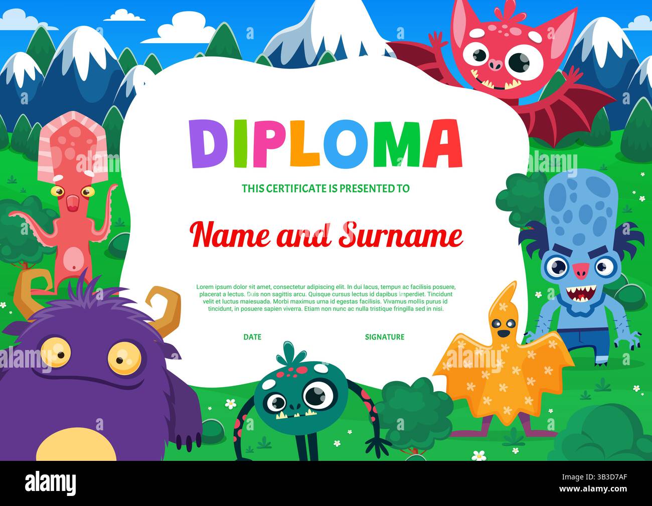 Diploma per bambini con simpatici personaggi di mostri cartoni animati. Certificato di scuola vettoriale o asilo con animali colorati, alieni o Halloween c Illustrazione Vettoriale