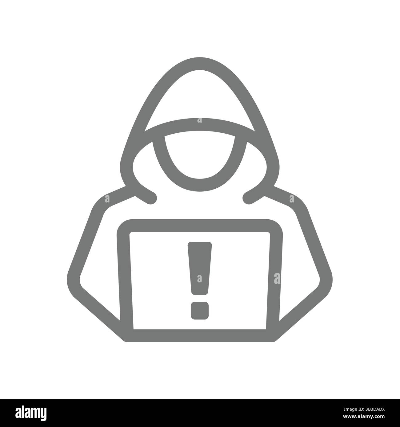 Hacker con cappuccio e icona vettoriale per laptop. Criminalità informatica e violazione dei dati, simbolo della linea di malware. Illustrazione Vettoriale