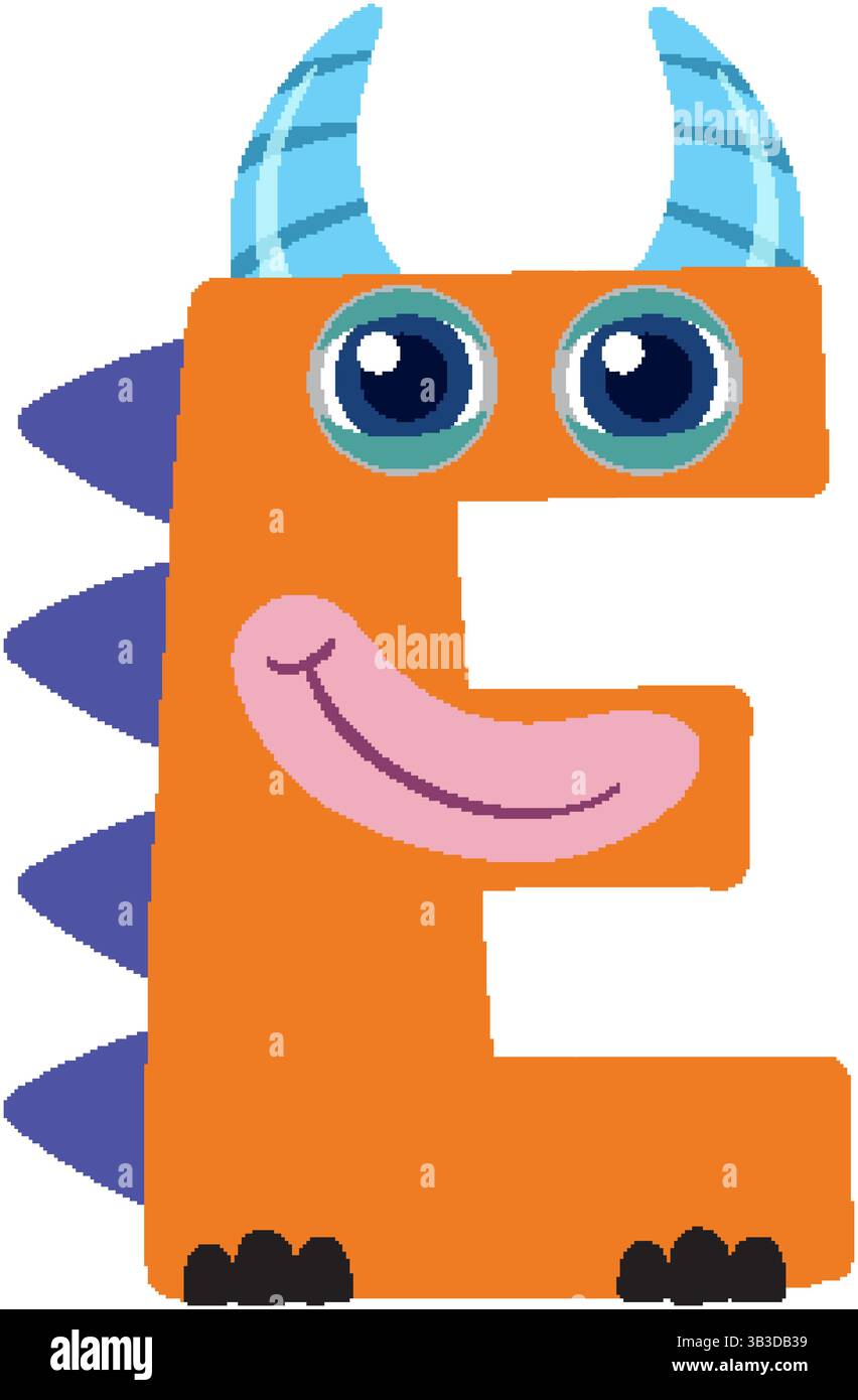 Illustrazione vettoriale colorata di una lettera e a tema mostro con corna e punte, ideale per materiale didattico per bambini Illustrazione Vettoriale