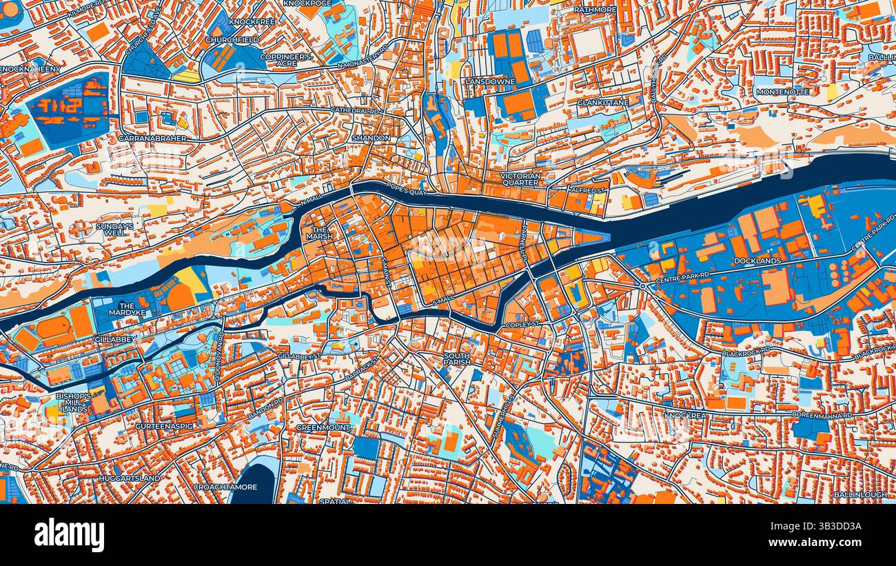 Colorata mappa artistica del sughero con etichette ed edifici con molti dettagli per strade urbane, sentieri e strade. Foto Stock