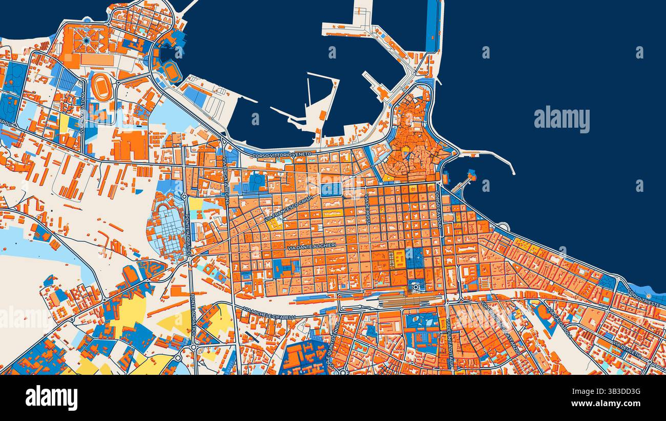Mappa artistica di Bari colorata con etichette ed edifici con molti dettagli per strade urbane, sentieri e strade. Foto Stock
