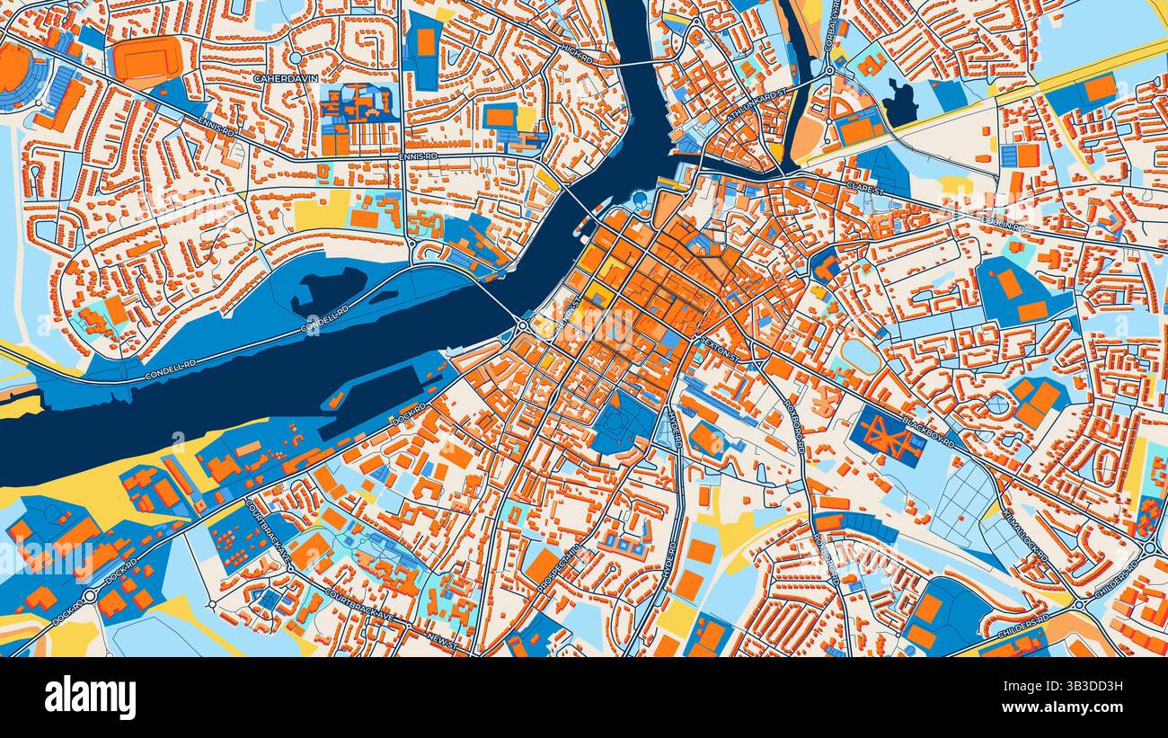 Mappa artistica colorata di Limerick con etichette ed edifici con molti dettagli per strade urbane, sentieri e strade. Foto Stock