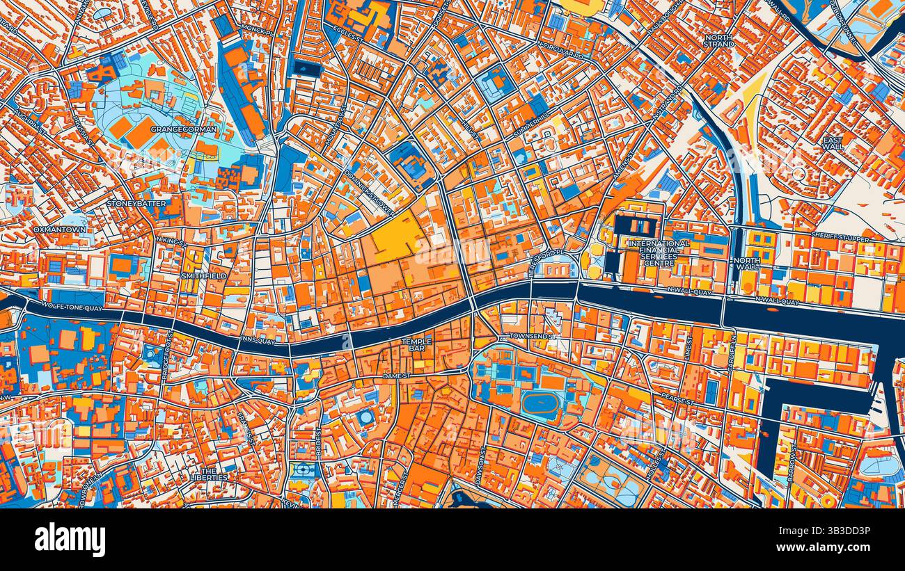 Mappa artistica colorata di Dublino con etichette ed edifici con molti dettagli per strade, sentieri e strade urbane. Foto Stock