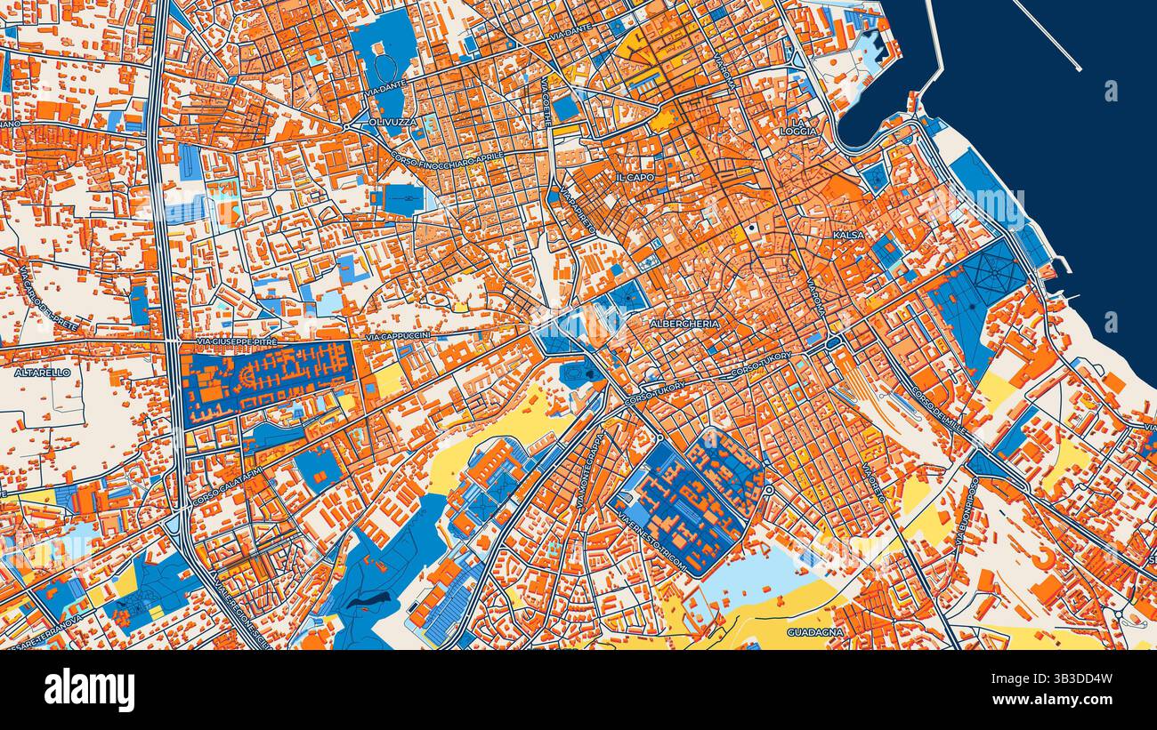 Mappa artistica colorata di Palermo con etichette ed edifici con molti dettagli per strade urbane, sentieri e strade. Foto Stock