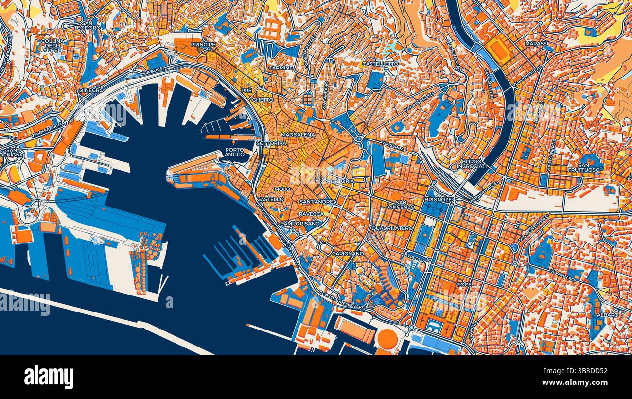 Mappa artistica di Genova colorata con etichette ed edifici con molti dettagli per strade urbane, sentieri e strade. Foto Stock