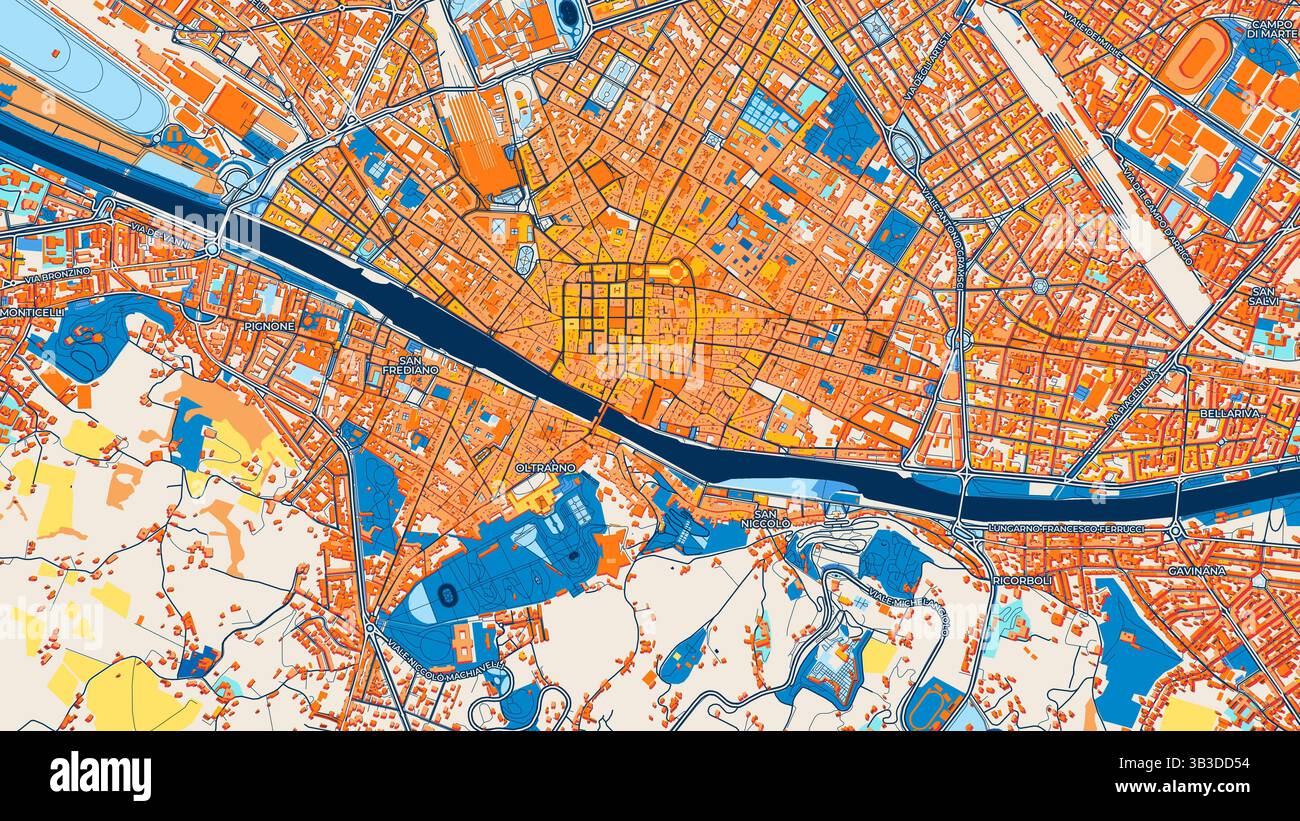 Colorata mappa artistica di Firenze con etichette ed edifici con molti dettagli per strade urbane, sentieri e strade. Foto Stock
