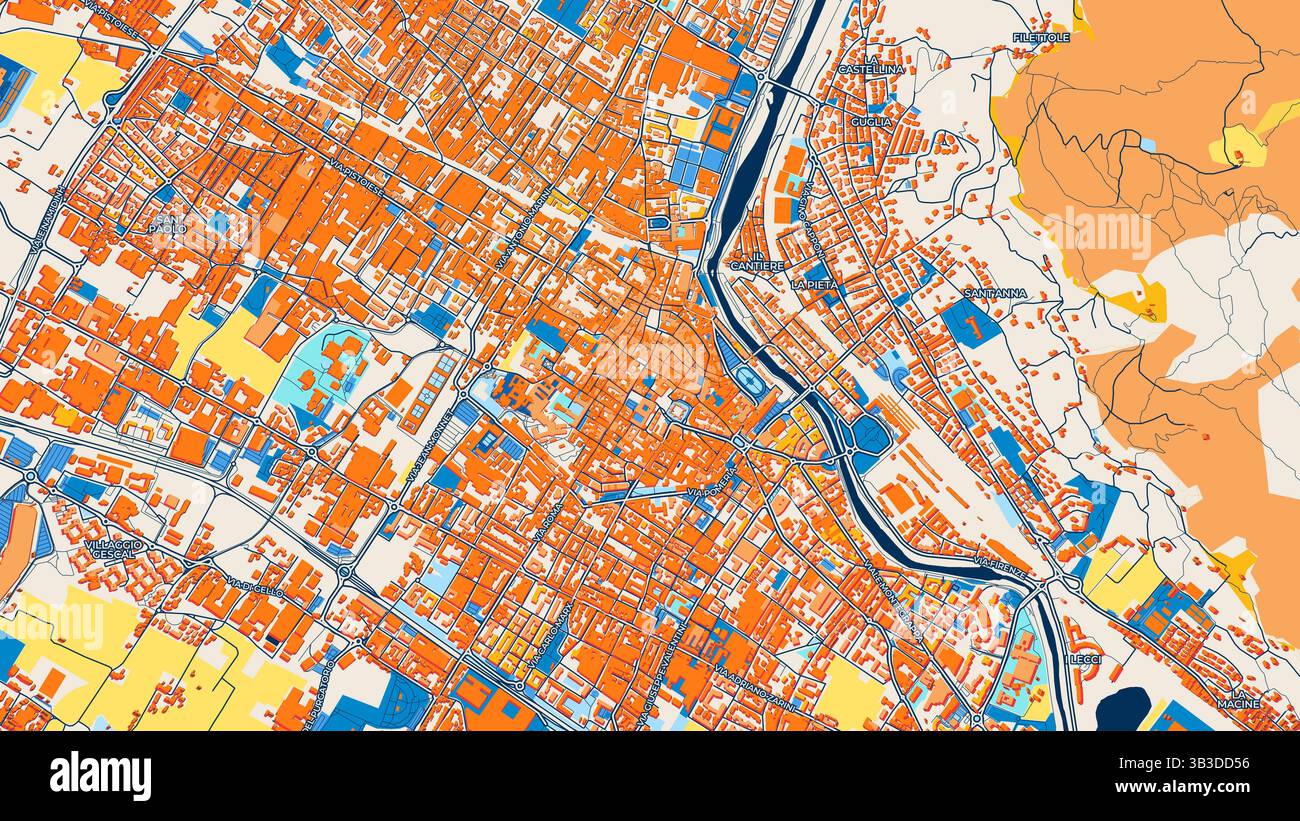 Colorata mappa d'arte di Prato con etichette ed edifici con molti dettagli per strade urbane, sentieri e strade. Foto Stock