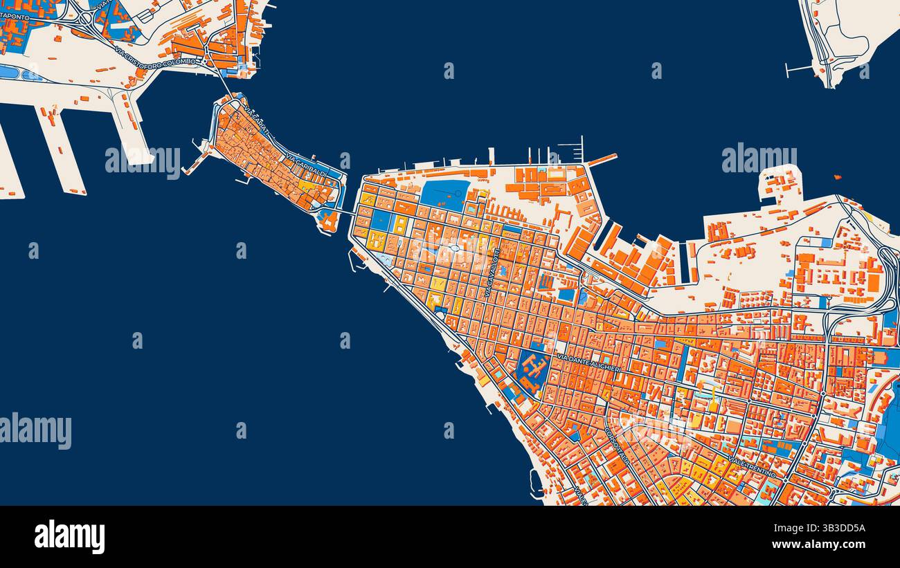 Mappa artistica colorata di Taranto con etichette ed edifici con molti dettagli per strade, sentieri e strade urbane. Foto Stock