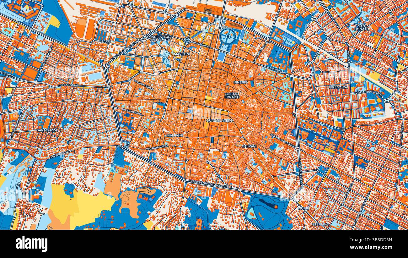 Mappa artistica colorata di Bologna con etichette ed edifici con molti dettagli per strade urbane, sentieri e strade. Foto Stock