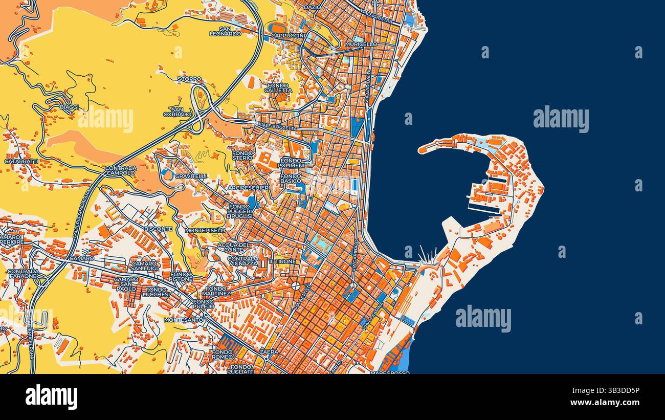 Mappa artistica colorata di Messina con etichette ed edifici con molti dettagli per strade urbane, sentieri e strade. Foto Stock
