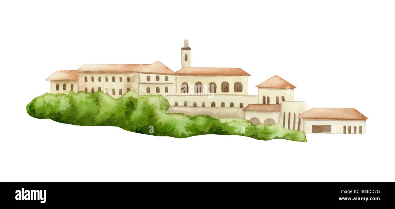 Architettura Watercolor Jaffa a Tel Aviv illustrazione disegnata a mano isolata su bianco. Antichi edifici mediterranei paesaggio con alberi. Urbano Foto Stock