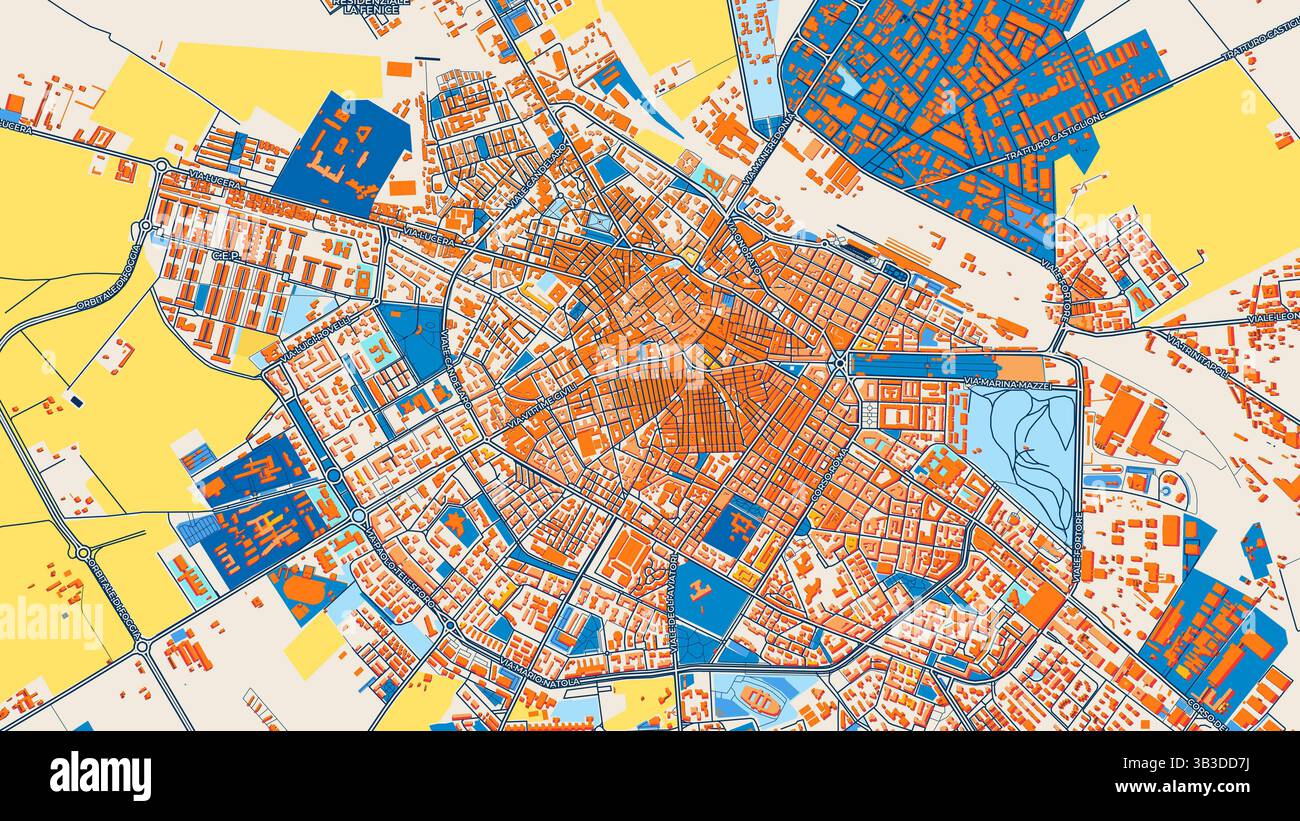Mappa artistica colorata di Foggia con etichette ed edifici con molti dettagli per strade urbane, sentieri e strade. Foto Stock