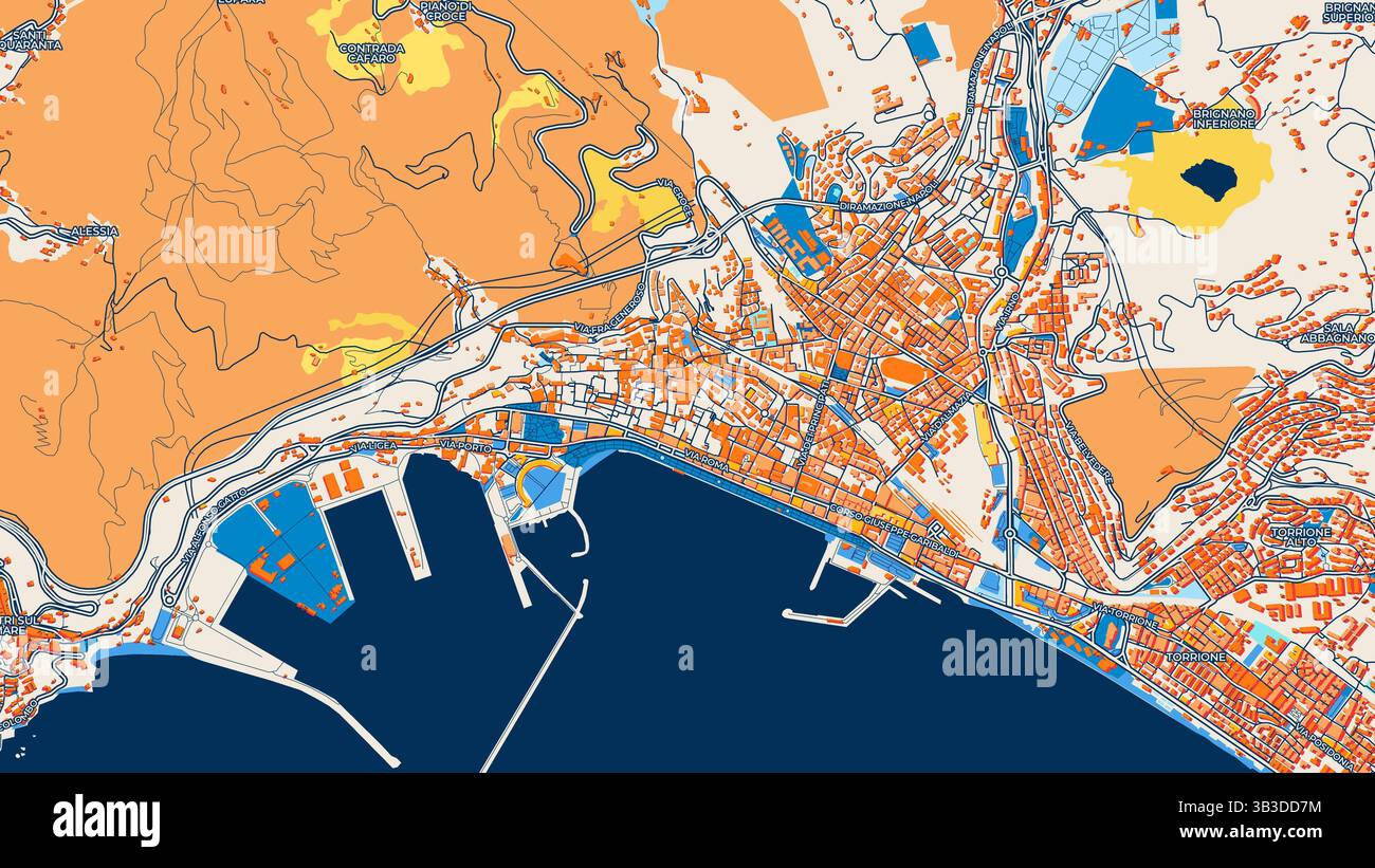 Mappa artistica colorata di Salerno con etichette ed edifici con molti dettagli per strade urbane, sentieri e strade. Foto Stock