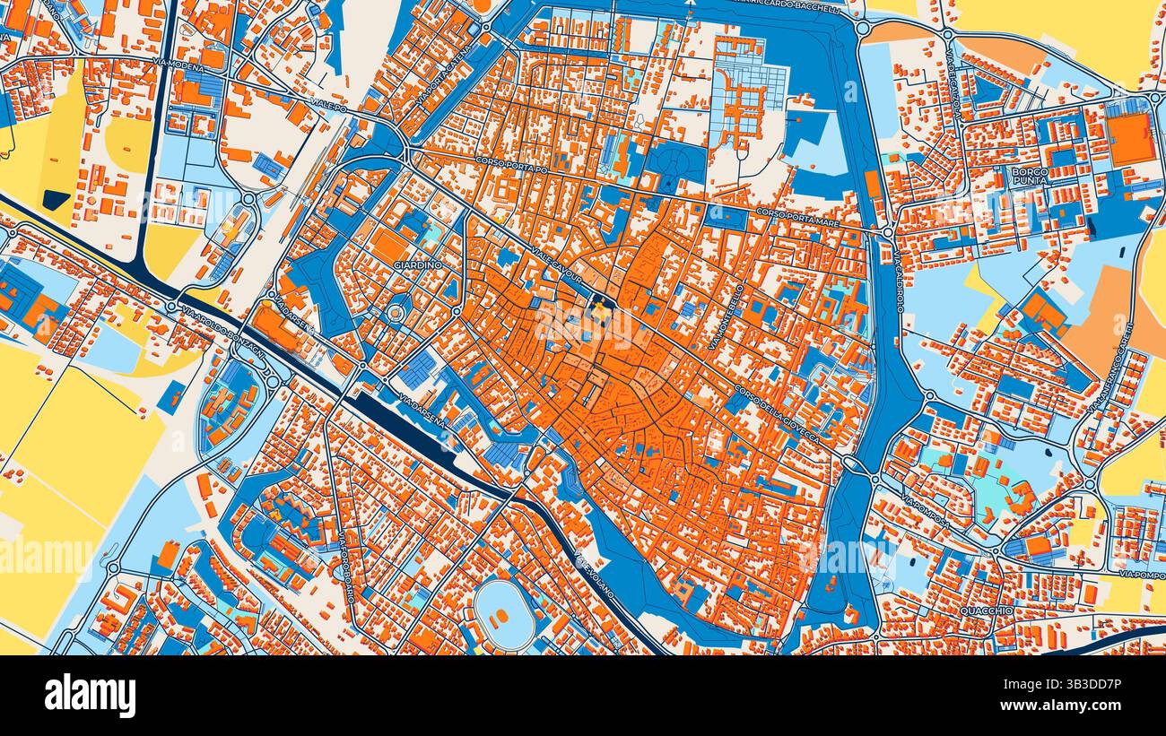 Mappa artistica colorata di Ferrara con etichette ed edifici con molti dettagli per strade urbane, sentieri e strade. Foto Stock