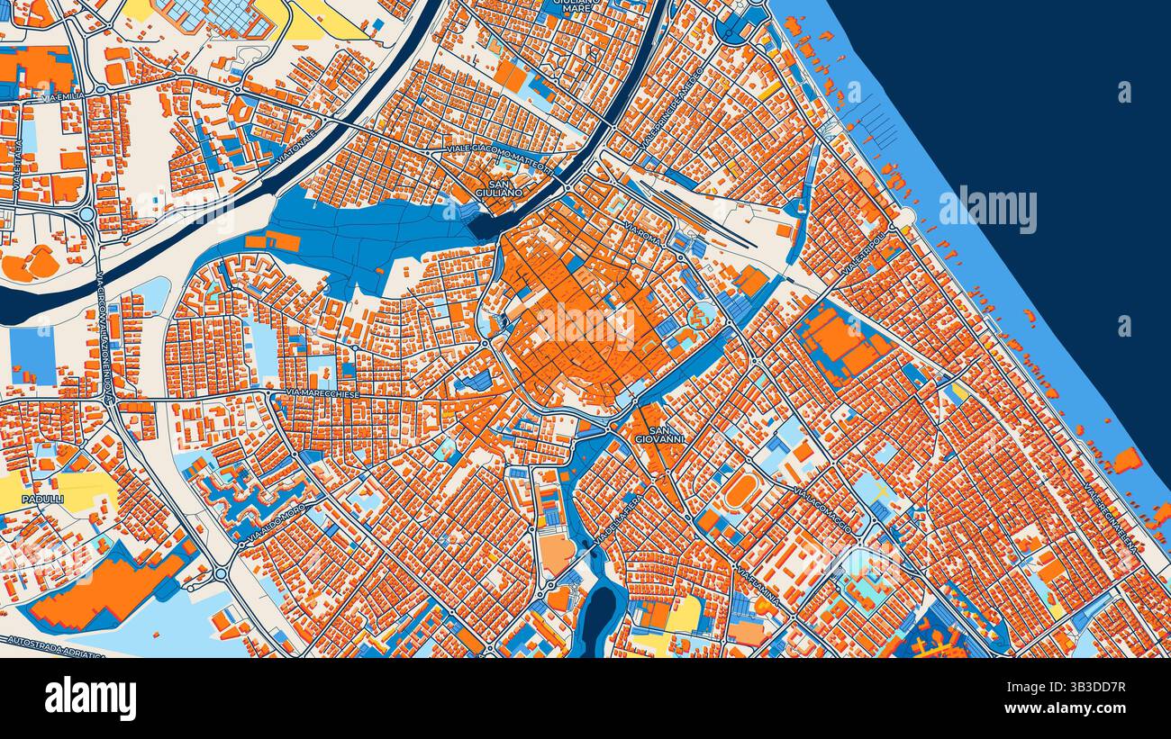 Colorata mappa artistica di Rimini con etichette ed edifici con molti dettagli per strade urbane, sentieri e strade. Foto Stock