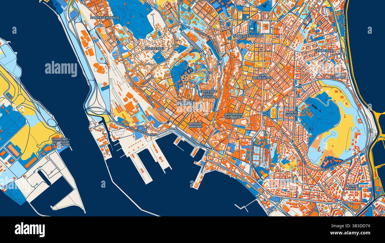 Mappa artistica colorata di Cagliari con etichette ed edifici con molti dettagli per strade urbane, sentieri e strade. Foto Stock