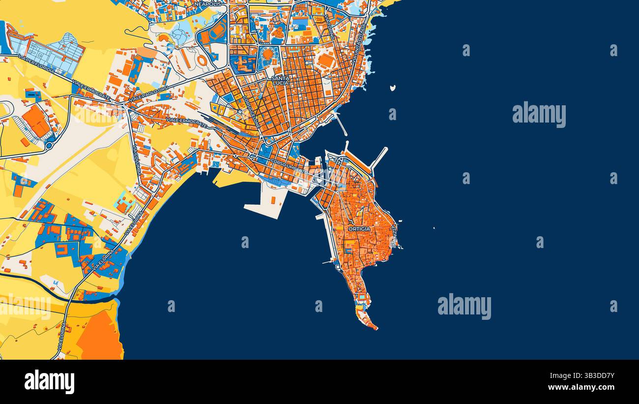 Mappa artistica colorata di Siracusa con etichette ed edifici con molti dettagli per strade, sentieri e strade urbane. Foto Stock