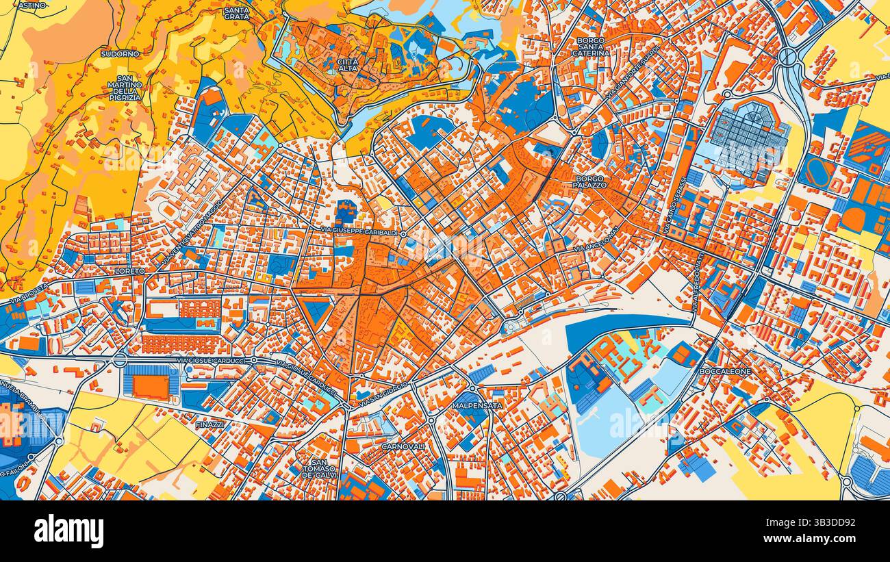 Mappa artistica bergamasca colorata con etichette ed edifici con molti dettagli per strade urbane, sentieri e strade. Foto Stock