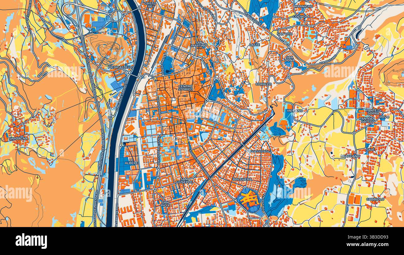 Mappa artistica colorata di Trento con etichette ed edifici con molti dettagli per strade urbane, sentieri e strade. Foto Stock