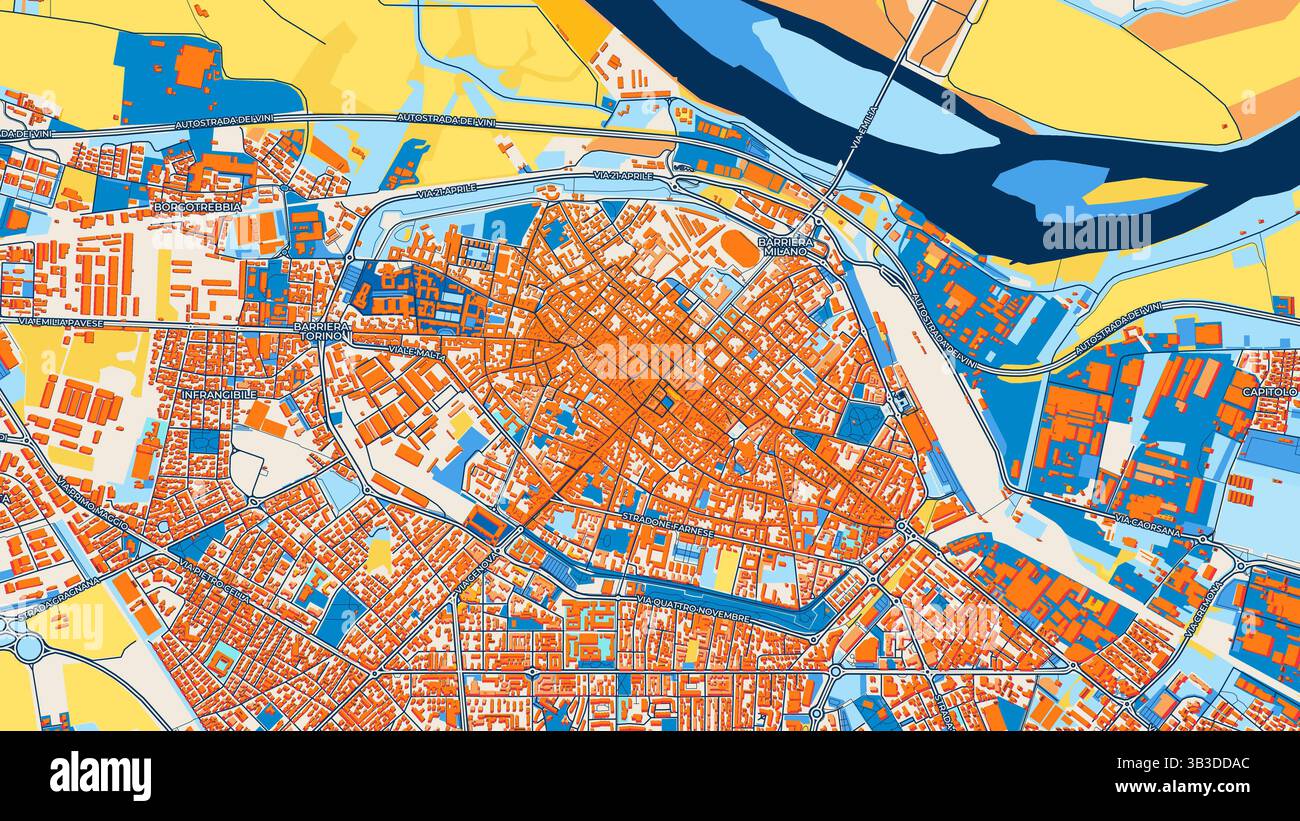 Mappa artistica colorata di Piacenza con etichette ed edifici con molti dettagli per strade urbane, sentieri e strade. Foto Stock