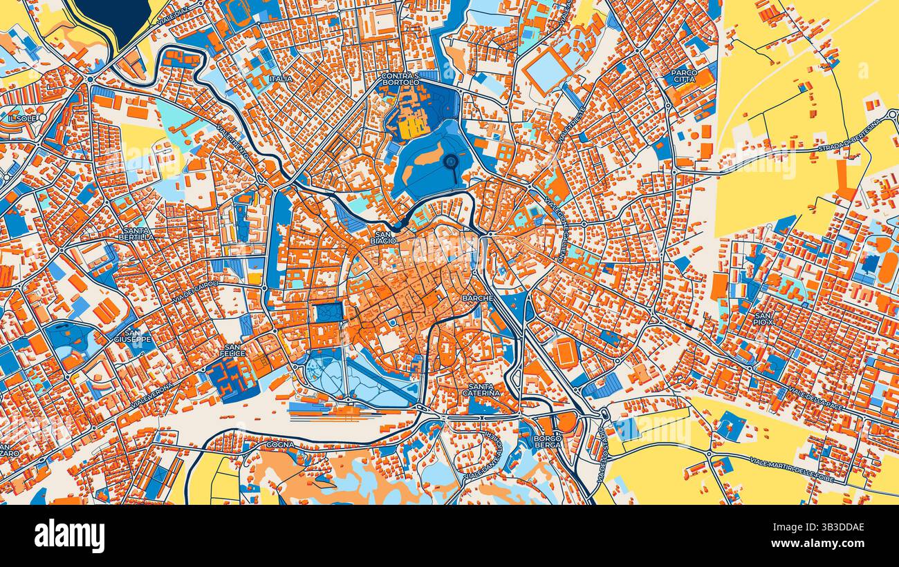 Mappa artistica colorata di Vicenza con etichette ed edifici con molti dettagli per strade urbane, sentieri e strade. Foto Stock