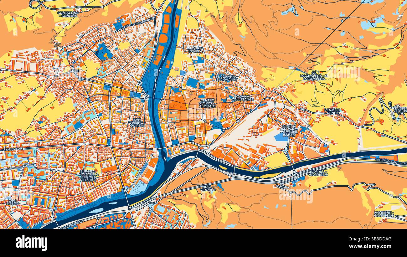 Mappa artistica colorata di Bolzano con etichette ed edifici con molti dettagli per strade urbane, sentieri e strade. Foto Stock
