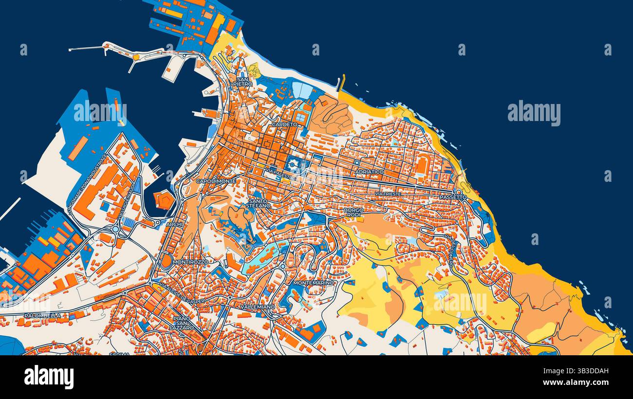 Colorata mappa artistica di Ancona con etichette ed edifici con molti dettagli per strade urbane, sentieri e strade. Foto Stock