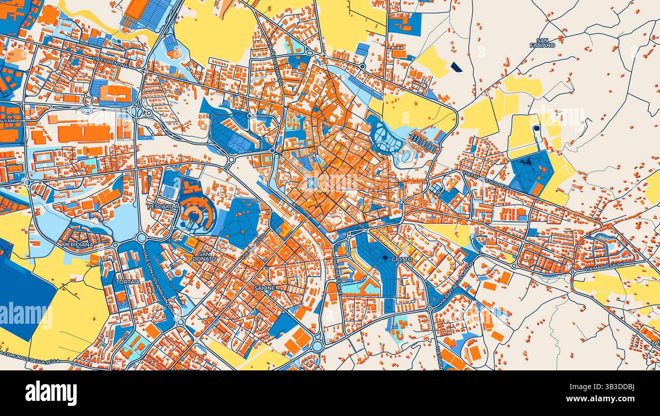 Mappa artistica colorata di Arezzo con etichette ed edifici con molti dettagli per strade urbane, sentieri e strade. Foto Stock