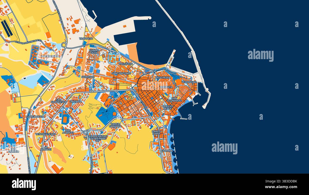 Mappa artistica colorata di Crotone con etichette ed edifici con molti dettagli per strade, sentieri e strade urbane. Foto Stock