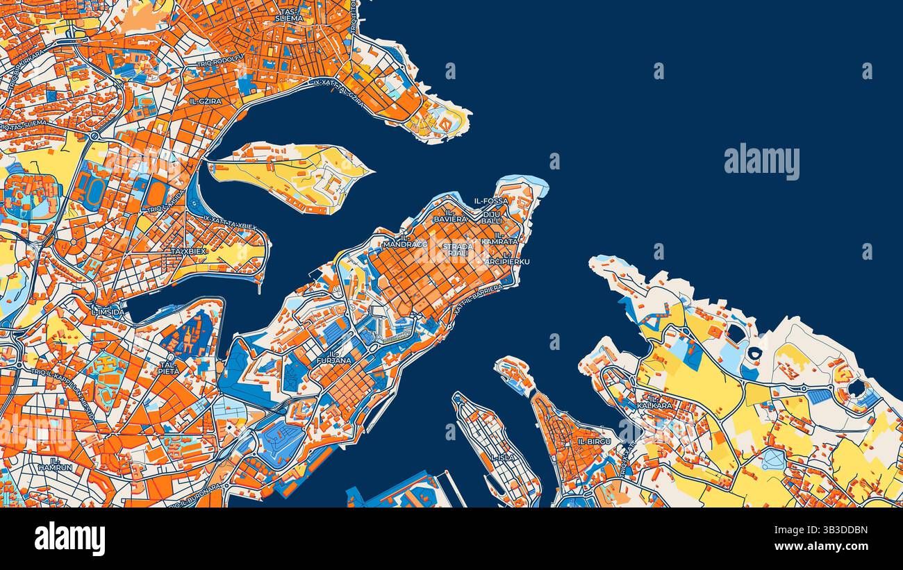 Mappa artistica colorata della Valletta con etichette ed edifici con molti dettagli per strade urbane, sentieri e strade. Foto Stock