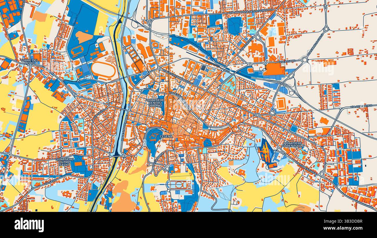 Cartina artistica colorata di Cesena con etichette ed edifici con molti dettagli per strade urbane, sentieri e strade. Foto Stock