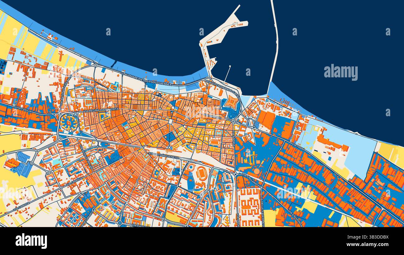 Colorata mappa artistica di Barletta con etichette ed edifici con molti dettagli per strade urbane, sentieri e strade. Foto Stock