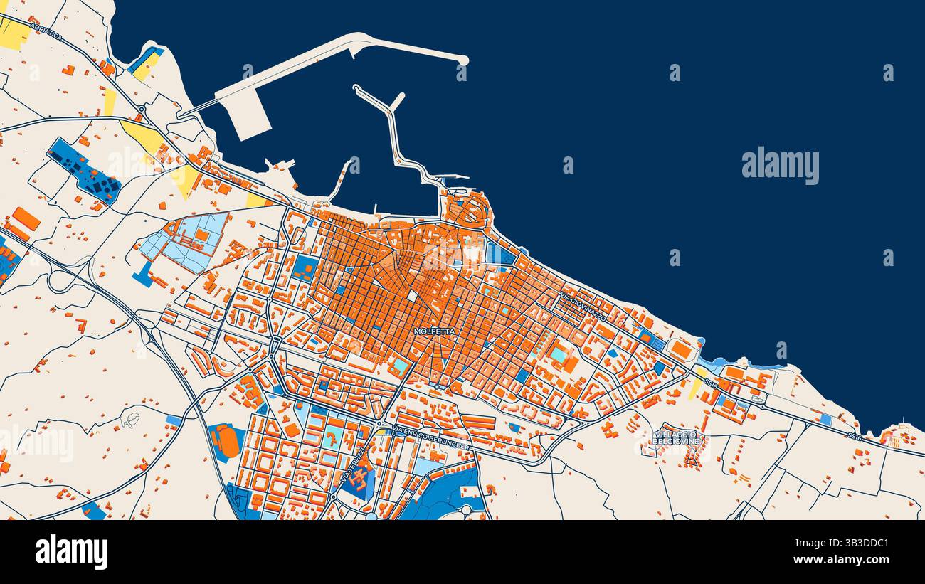 Colorata mappa artistica di Molfetta con etichette ed edifici con molti dettagli per strade urbane, sentieri e strade. Foto Stock