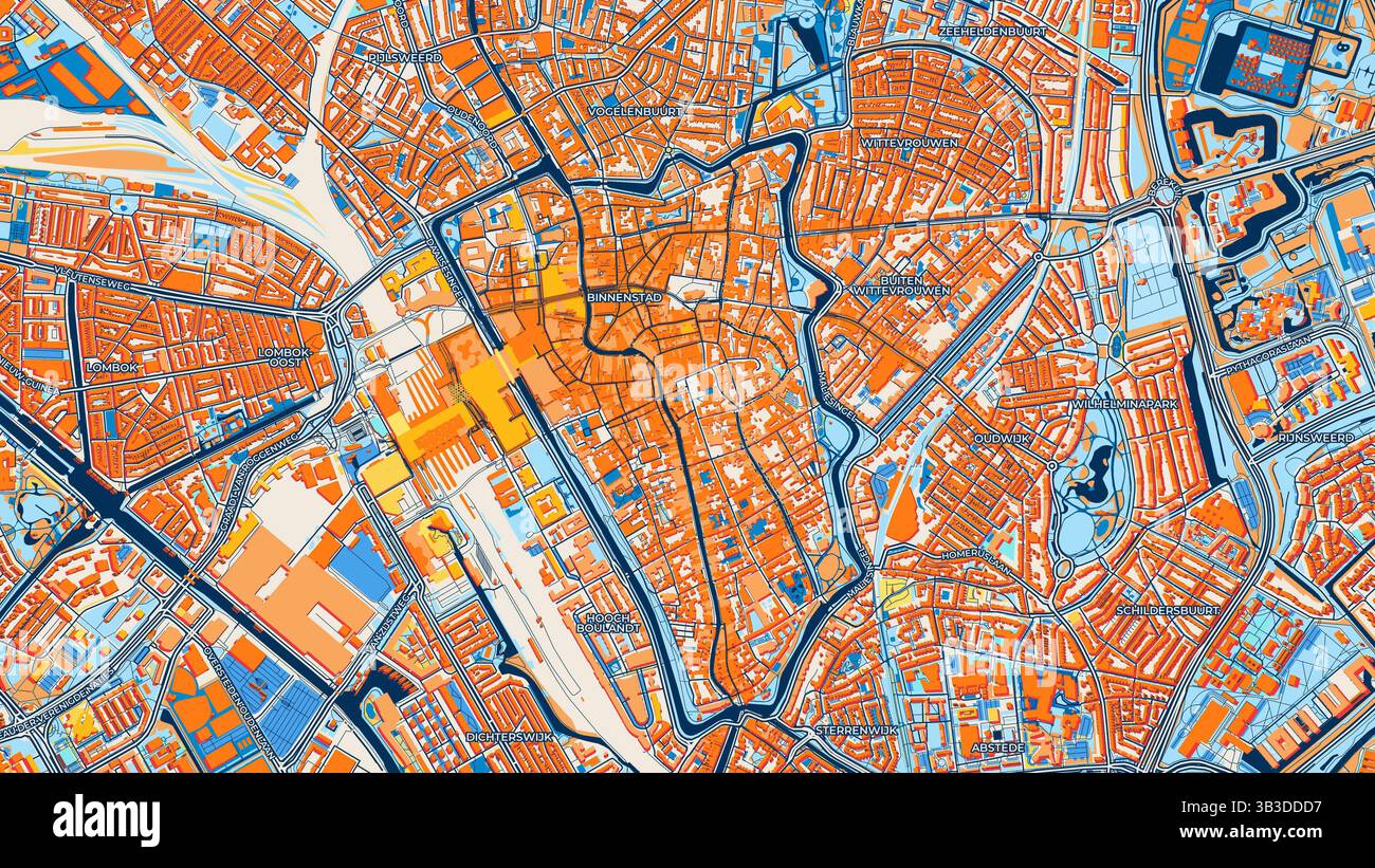 Mappa artistica colorata di Utrecht con etichette ed edifici con molti dettagli per strade, sentieri e strade urbane. Foto Stock