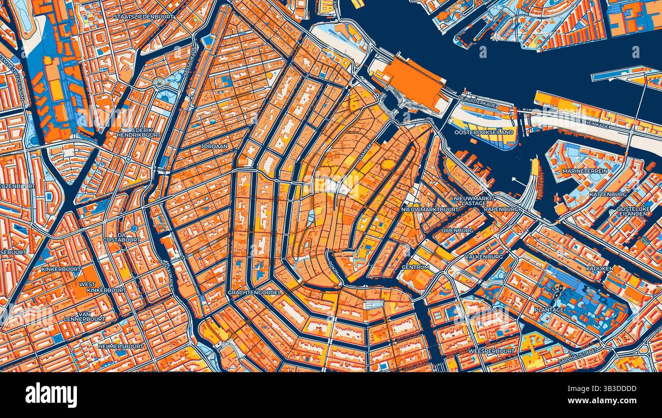 Mappa artistica colorata di Amsterdam con etichette ed edifici con molti dettagli per strade urbane, sentieri e strade. Foto Stock