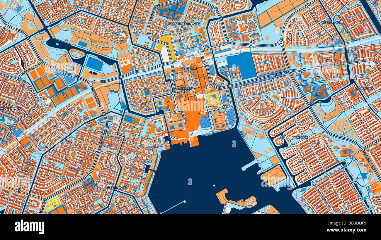 Mappa artistica colorata di Almere con etichette ed edifici con molti dettagli per strade urbane, sentieri e strade. Foto Stock
