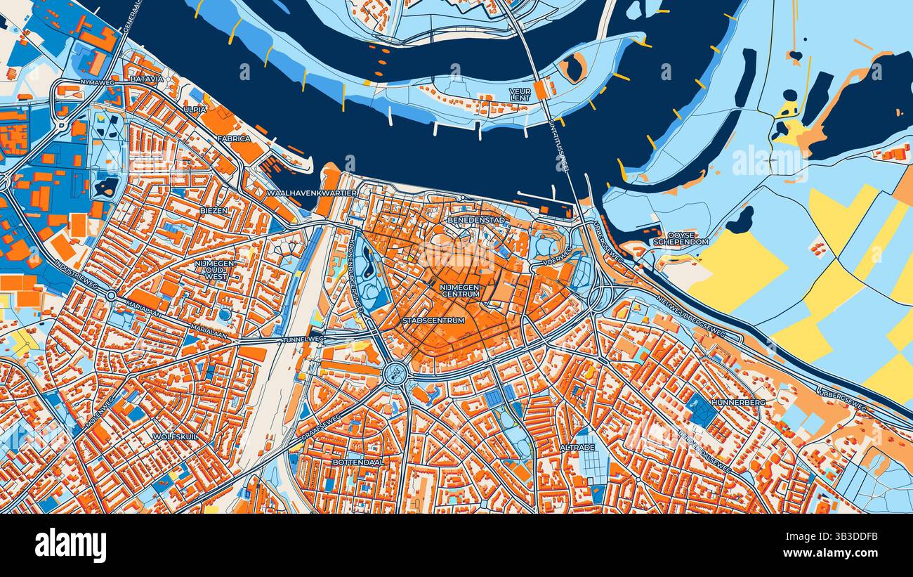 Mappa artistica colorata di Nijmegen con etichette ed edifici con molti dettagli per strade, sentieri e strade urbane. Foto Stock