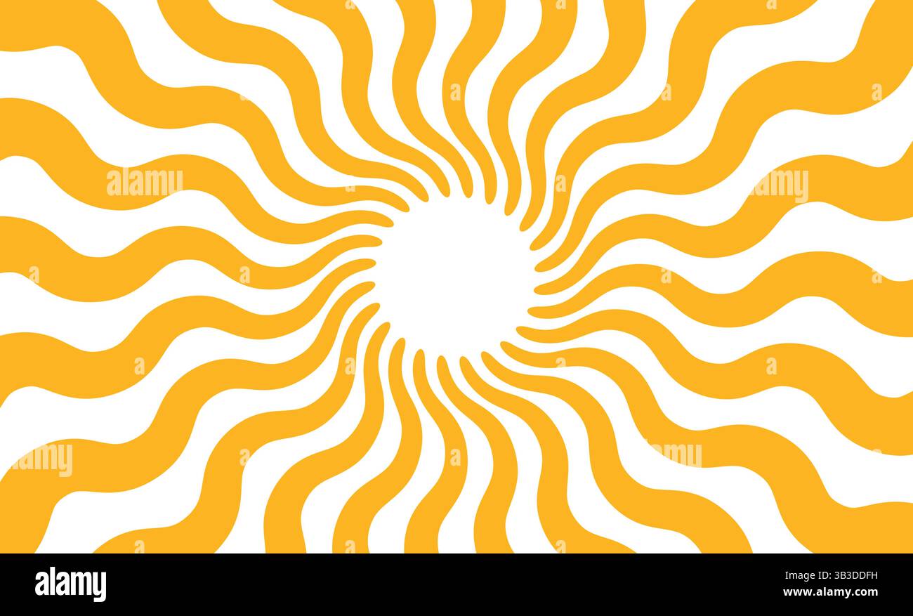 Sfondo dei raggi solari gialli. Raggi ondulati in stile gotico. Poster abstract Sun burst. Consistenza psichedelica. design anni '70, '80. Linee d'onda radiali. Vettore Illustrazione Vettoriale