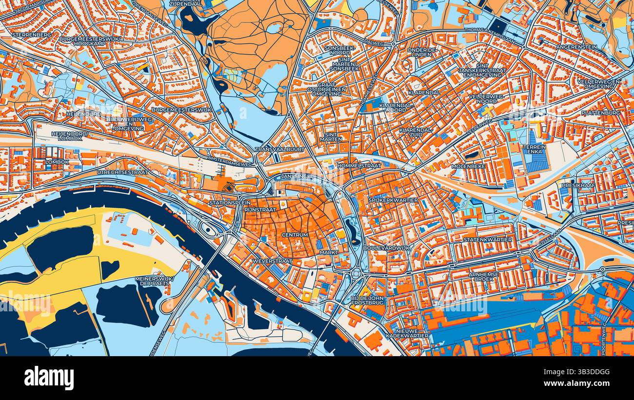 Mappa artistica colorata di Arnhem con etichette ed edifici con molti dettagli per strade urbane, sentieri e strade. Foto Stock