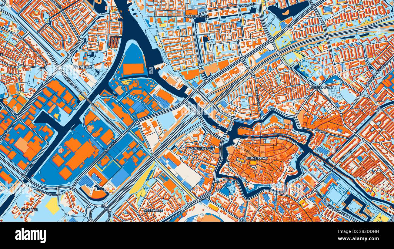 Mappa artistica colorata di Zwolle con etichette ed edifici con molti dettagli per strade urbane, sentieri e strade. Foto Stock