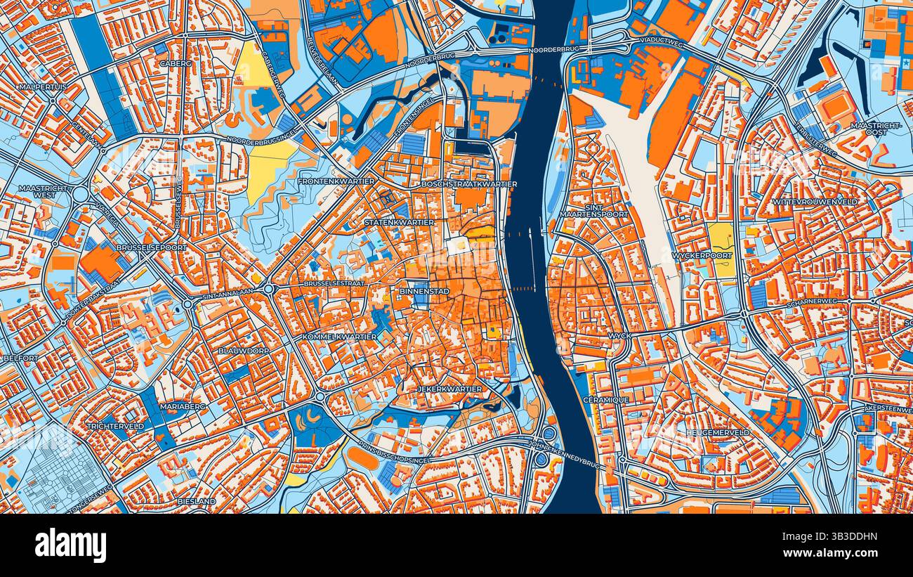 Mappa artistica colorata di Maastricht con etichette ed edifici con molti dettagli per strade urbane, sentieri e strade. Foto Stock