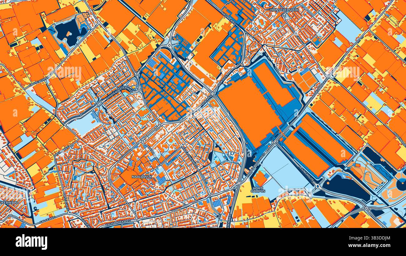 Mappa artistica colorata di Westland con etichette ed edifici con molti dettagli per strade urbane, sentieri e strade. Foto Stock