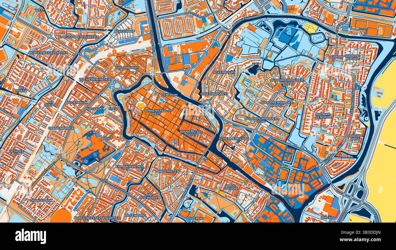 Mappa artistica colorata di Alkmaar con etichette ed edifici con molti dettagli per strade, sentieri e strade urbane. Foto Stock