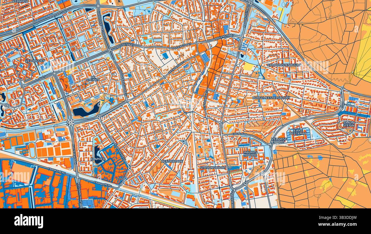 Mappa artistica colorata di Ede con etichette ed edifici con molti dettagli per strade urbane, sentieri e strade. Foto Stock