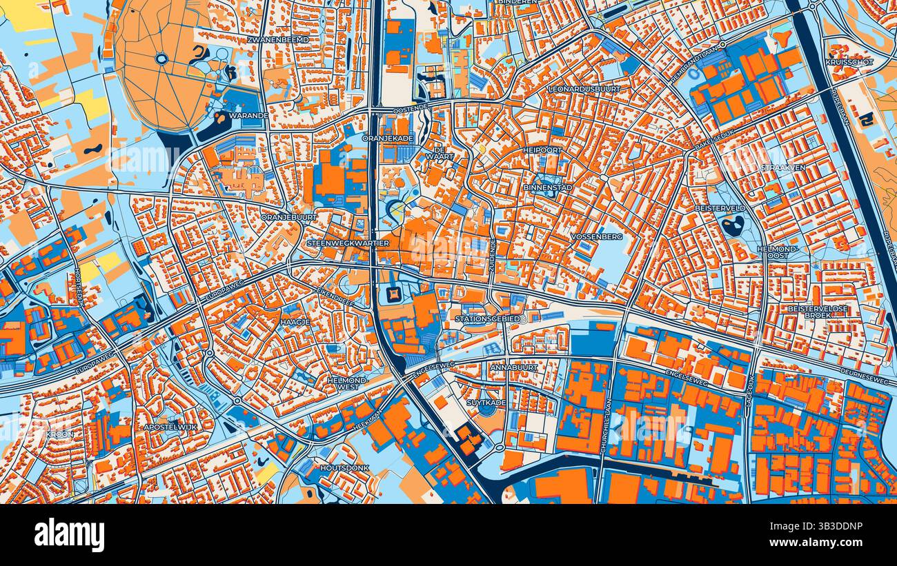 Mappa artistica colorata di Helmond con etichette ed edifici con molti dettagli per strade urbane, sentieri e strade. Foto Stock