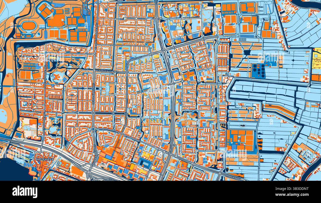 Mappa artistica colorata di Amstelveen con etichette ed edifici con molti dettagli per strade urbane, sentieri e strade. Foto Stock