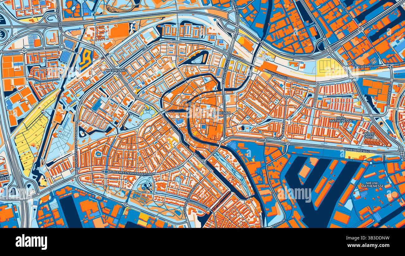 Mappa artistica colorata di Schiedam con etichette ed edifici con molti dettagli per strade urbane, sentieri e strade. Foto Stock