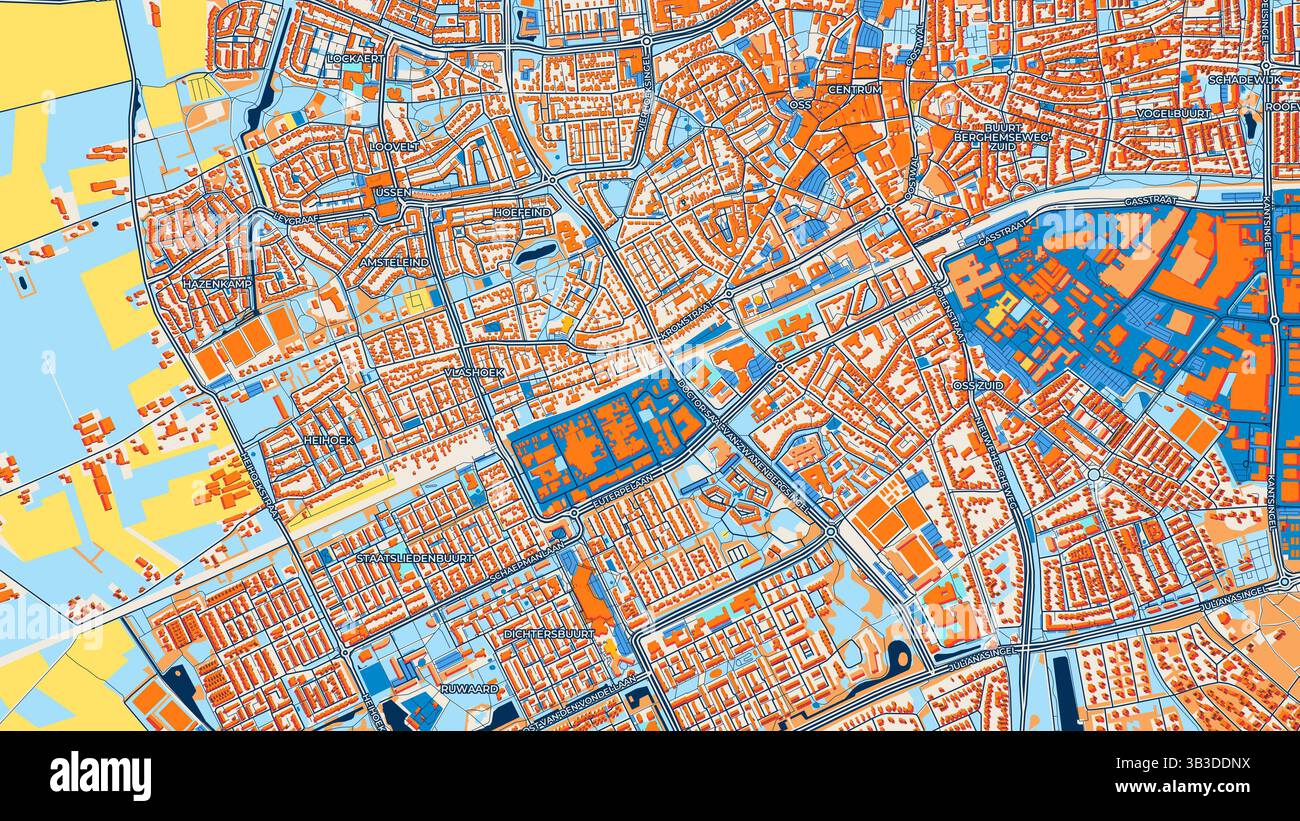 Colorata mappa artistica Oss con etichette ed edifici con molti dettagli per strade urbane, sentieri e strade. Foto Stock